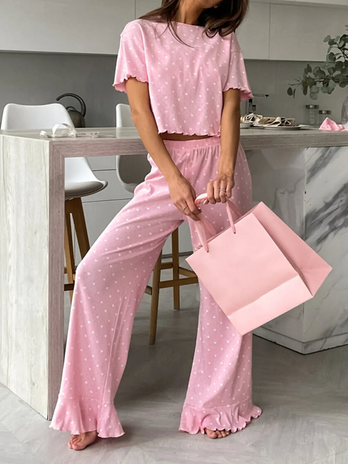Polka Dot Round Neck Top and Pants Lounge Set
