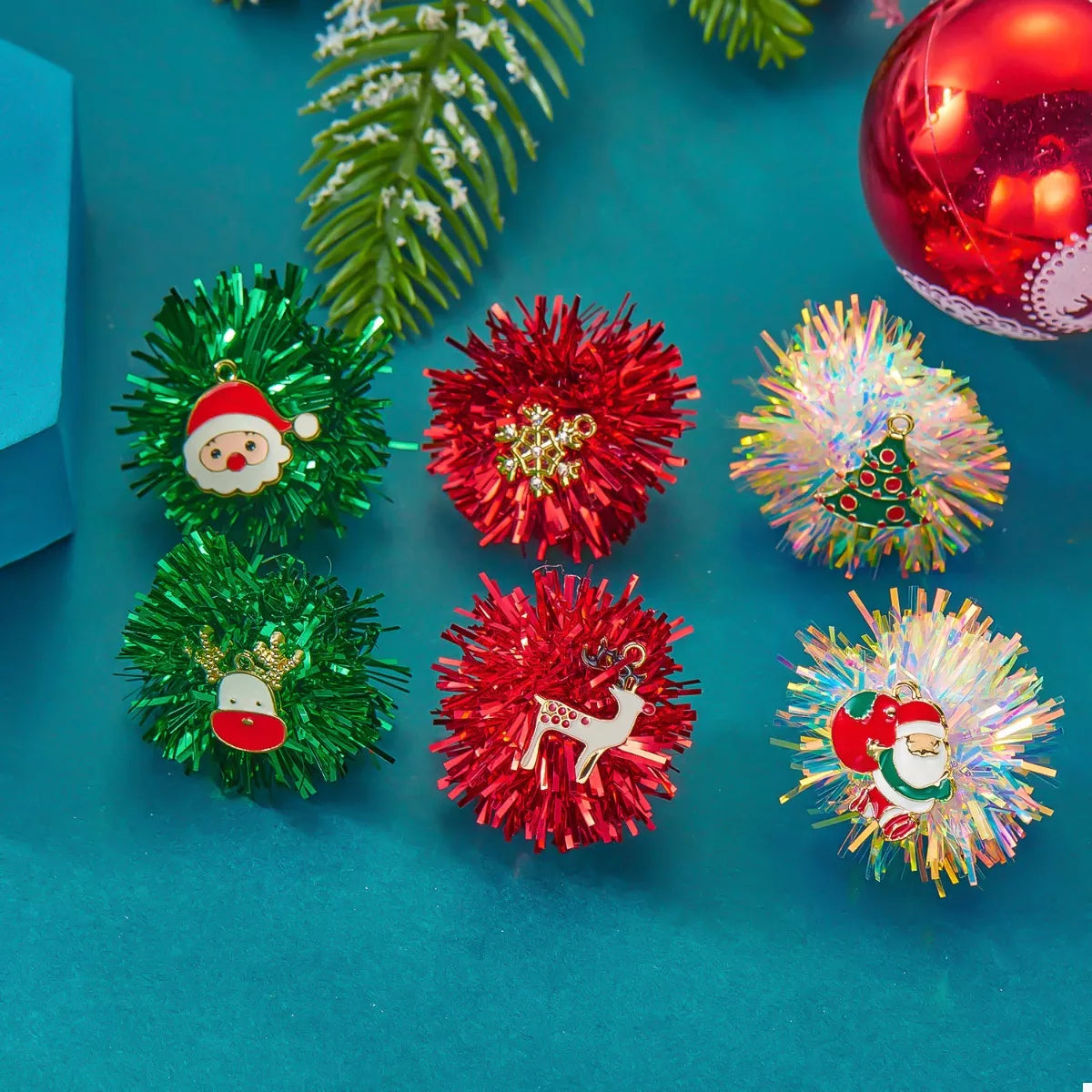 Christmas Asymmetrical Tinsel Ball Earrings