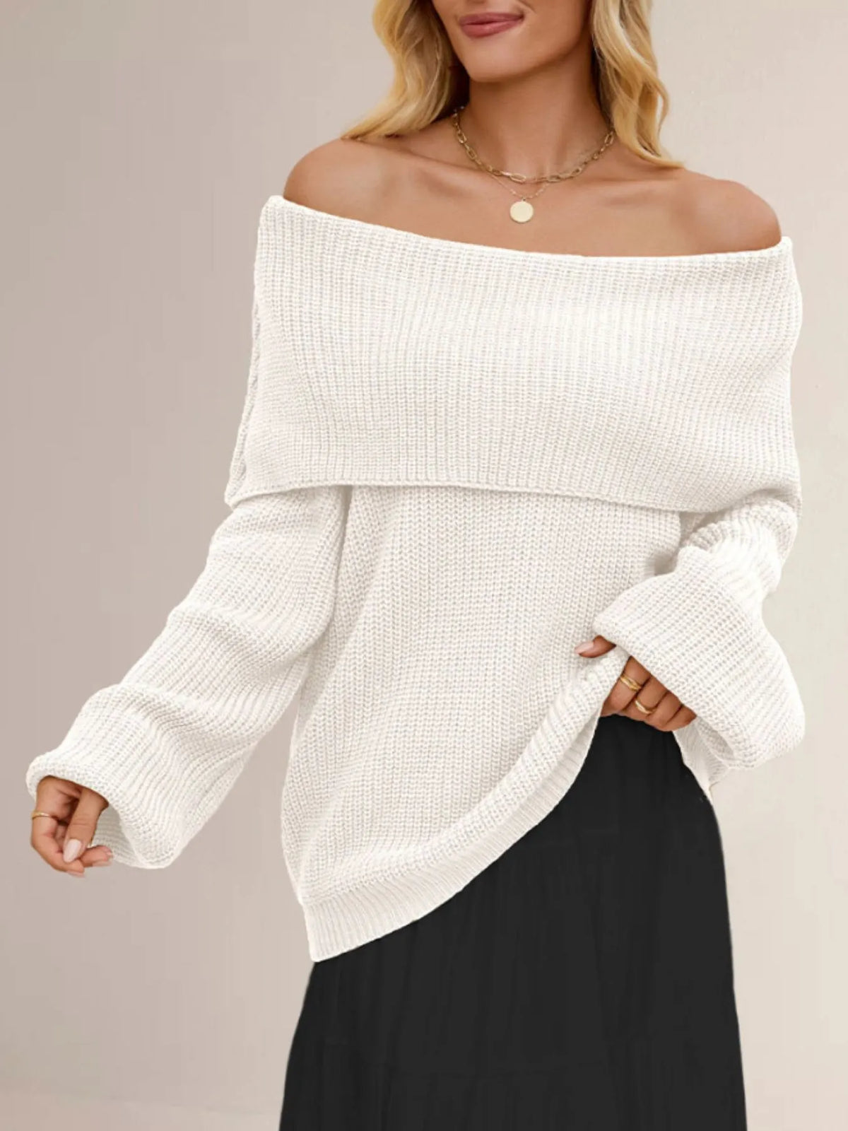 Fold-Over Collar Long Sleeve Sweater