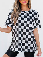 Western Checkerboard Print Side Split T Shirt