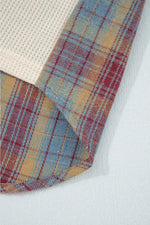 Waffle Knit Plaid Patchwork Long Sleeve Blouse