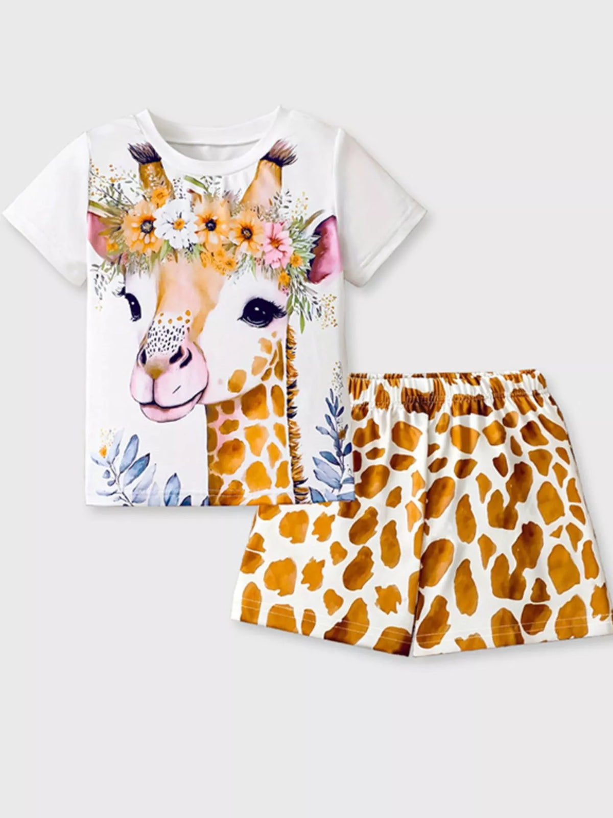 Children's Giraffe Floral Crown Print Tee and Shorts Pajama Set