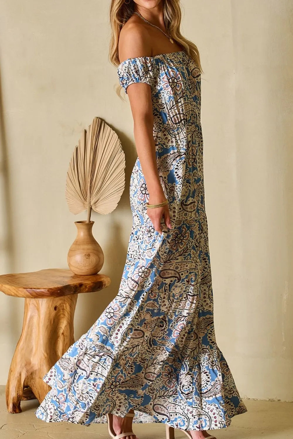 Boho Paisley Print Off Shoulder Maxi Dress