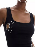 Ribbed Tank Top with Metal Grommet Cutouts and Stud Embellishments