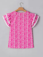 Floral Print Ric-rac Tiered Ruffled V Neck Blouse