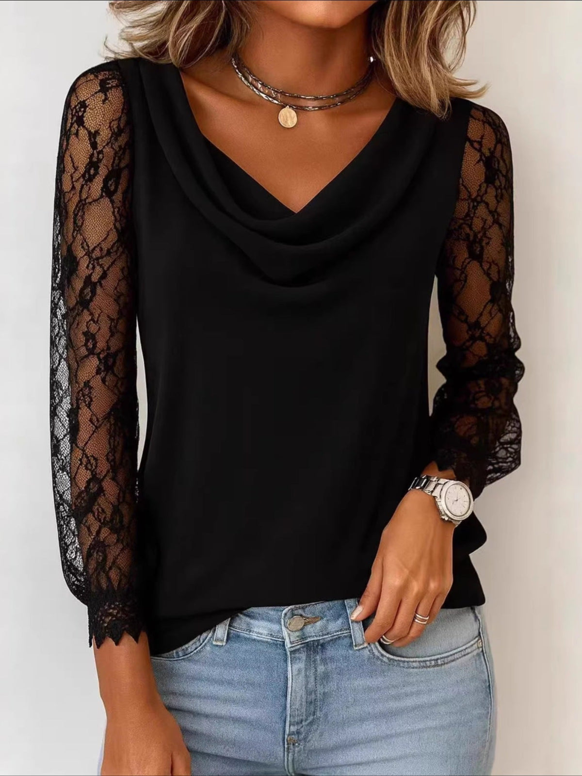 Lace Sleeve Cowl Neck Blouse