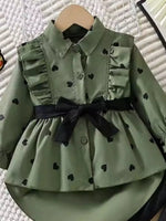 Children's Heart Print Ruffle Trim Shirt & Pants Set with Tie