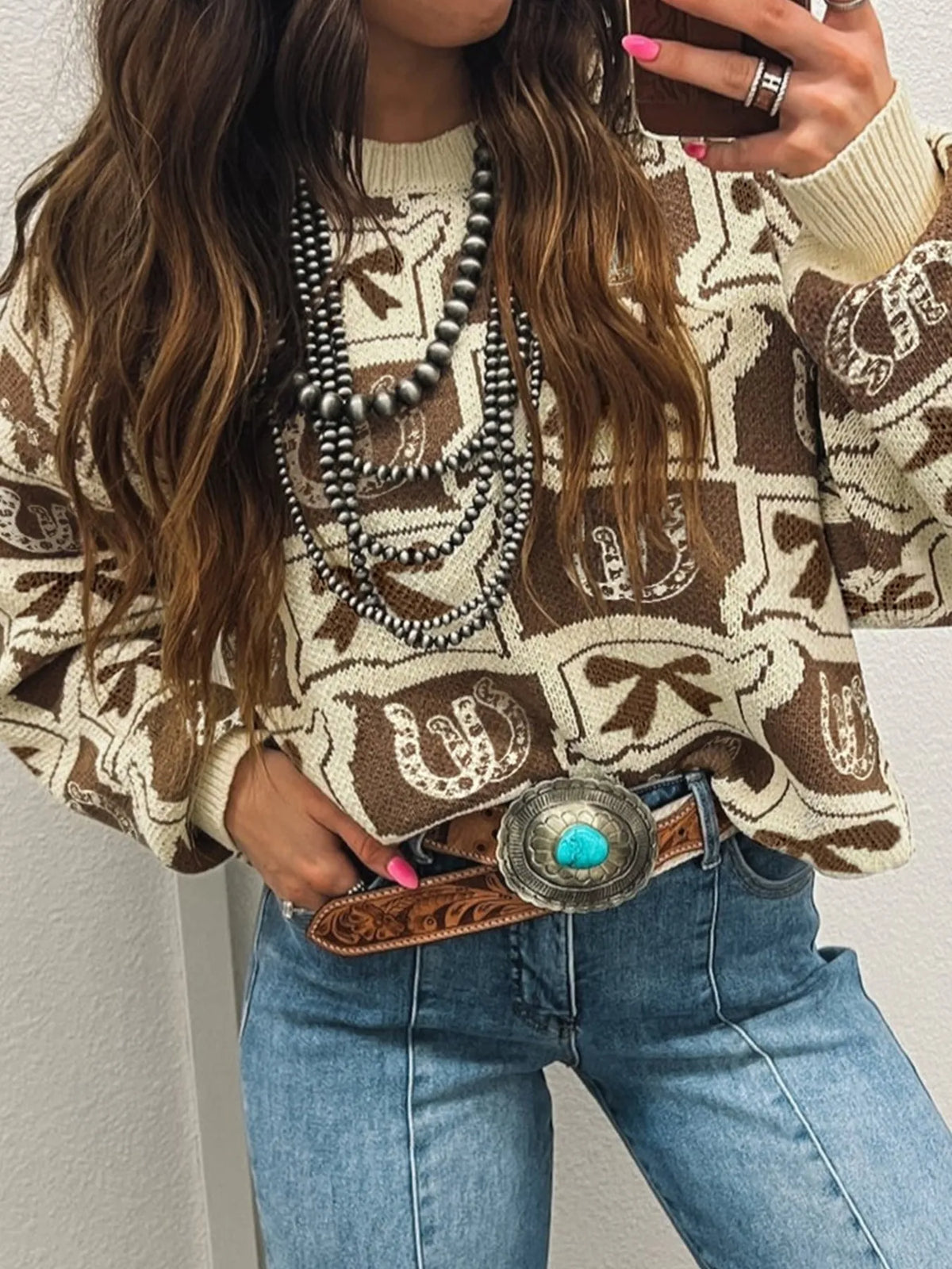 Graphic Round Neck Long Sleeve Sweater