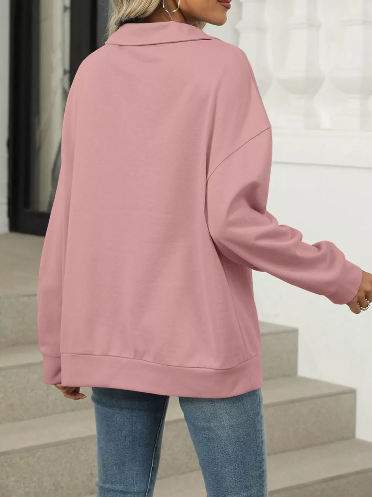 Johnny Collar Drop Shoulder Long Sleeve Sweatshirt