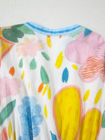 Multicolour Floral Doodle Print Striped Trim V Neck Midi Dress
