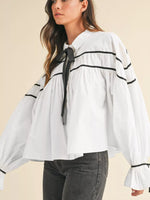 Elegant Contrast Bow-Tie Ruffle Blouse