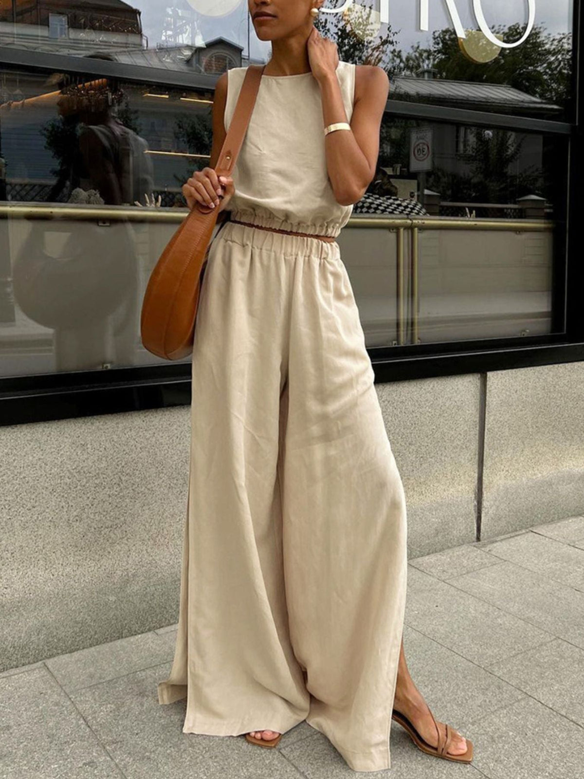 Sleeveless Crop Top and Slit Pants Set