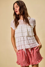 SO ME Ruffle Tiered Stretch Lace Short Sleeves Knit Top