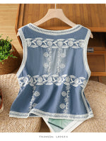 Embroidered Button Up V-Neck Vest Coat