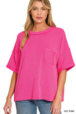 Zenana Raised Rib Short Sleeve Front Pocket Top