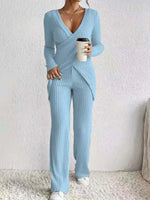 Surplice Long Sleeve Top and Pants Set