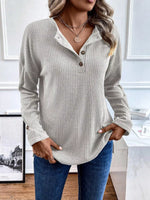 Ribbed Knit Button Detail Long Sleeve T-Shirt