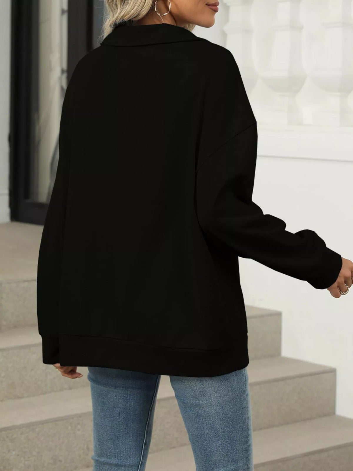 Johnny Collar Drop Shoulder Long Sleeve Sweatshirt