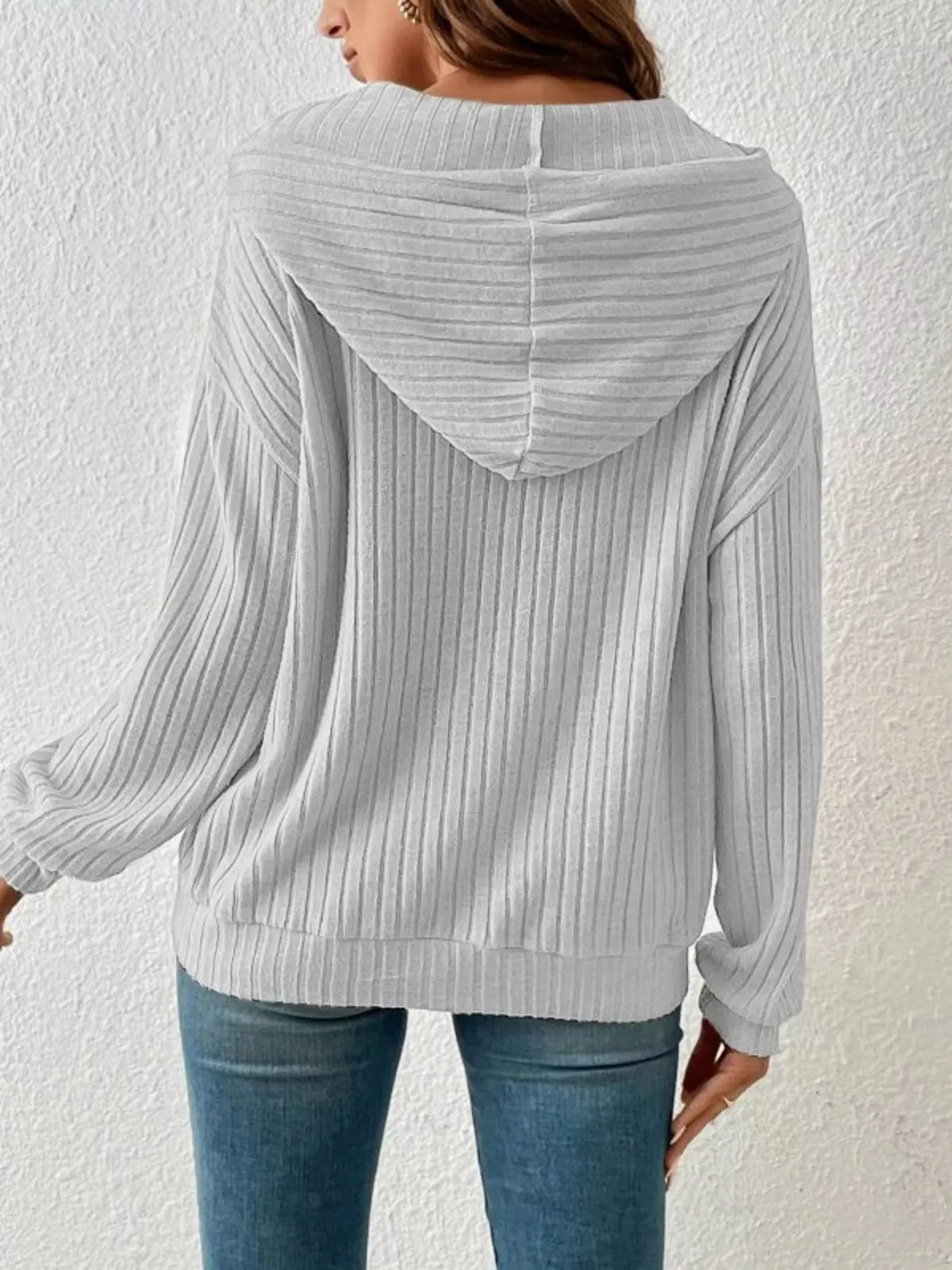Casual Ribbed Knit Drawstring Hoodie