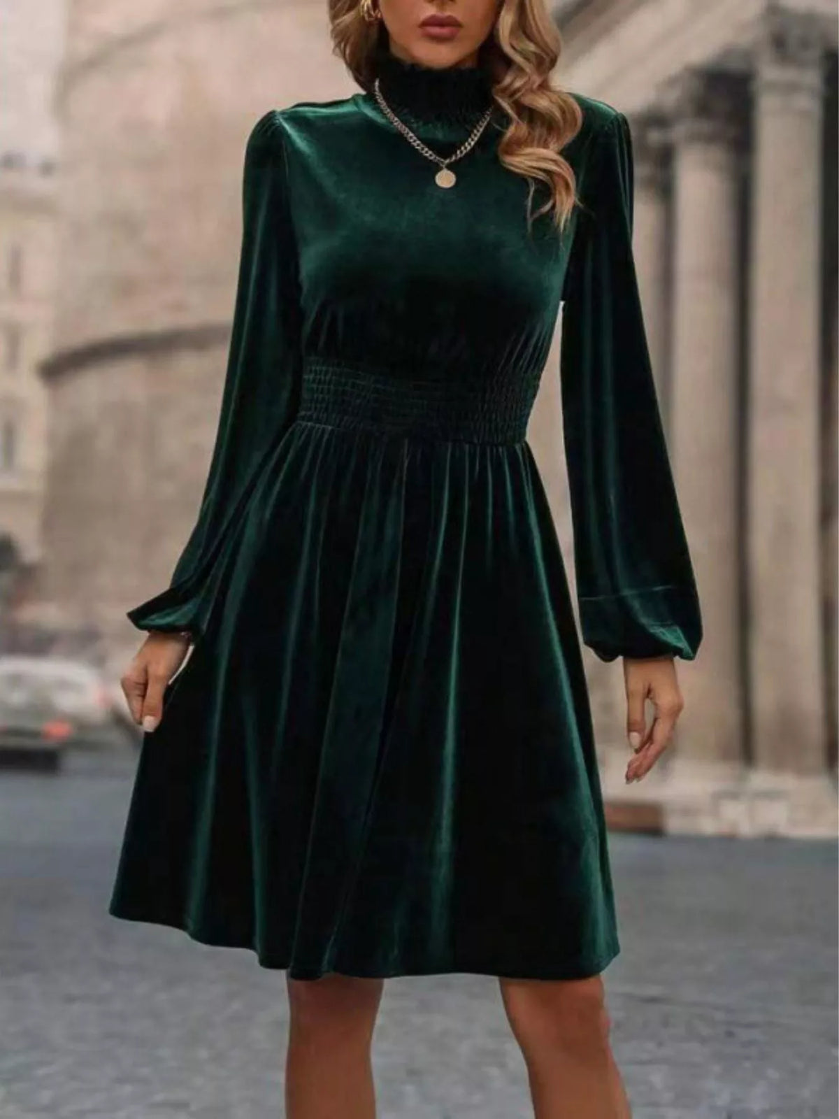 Velvet High Neck Long Sleeve A-Line Dress
