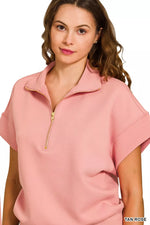 Zenana Full Size Scuba High Neck Half Zip Short Sleeve Top Plus Size