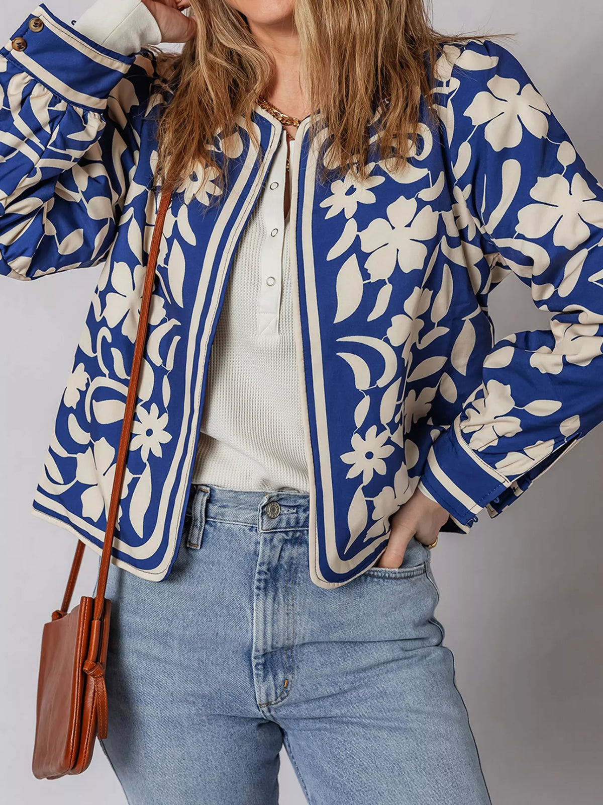 Flower Print Open Front Buttoned Cuffs Elegant Jacket