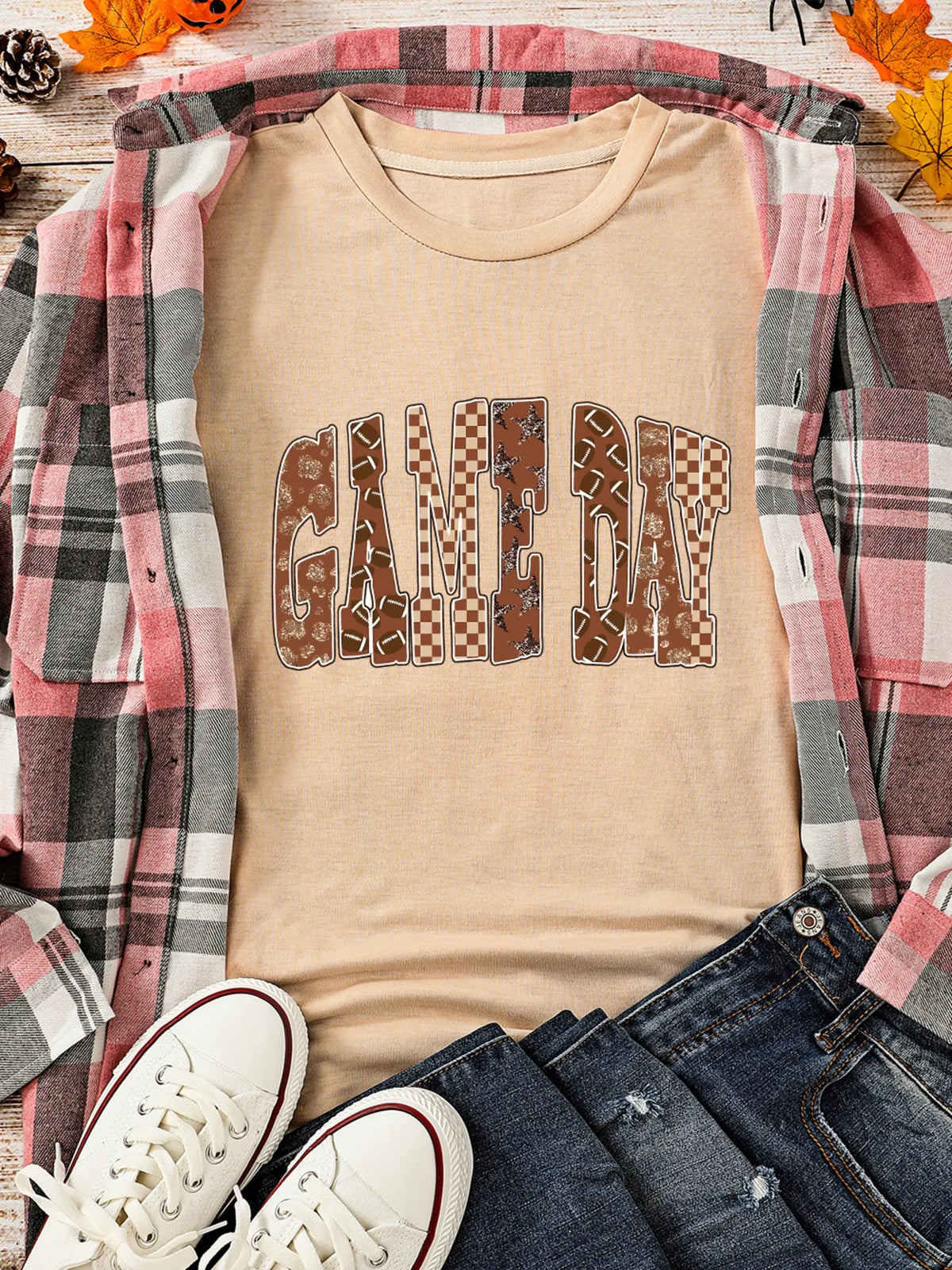 Full Size GAME DAY Checkered Letter Graphic T Shirt Plus Size
