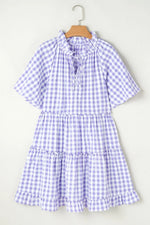 Plaid Tie Neck Short Sleeve Babydoll Mini Dress