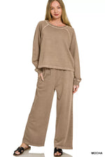 Zenana Washed F/terry Round Neck Pullover & Pants Set