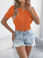 Openwork Single Shoulder Short Sleeve Knit Top