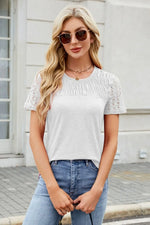 Smocked Round Neck Short Sleeve T-Shirt