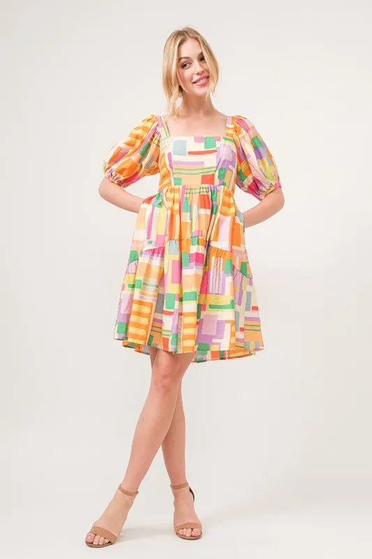 And The Why Square Neck Puff Sleeve Geo Printed Mini Dress