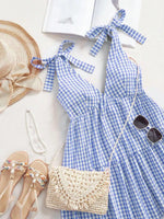 Gingham Tie-Shoulder Ruffle Hem Mini Dress