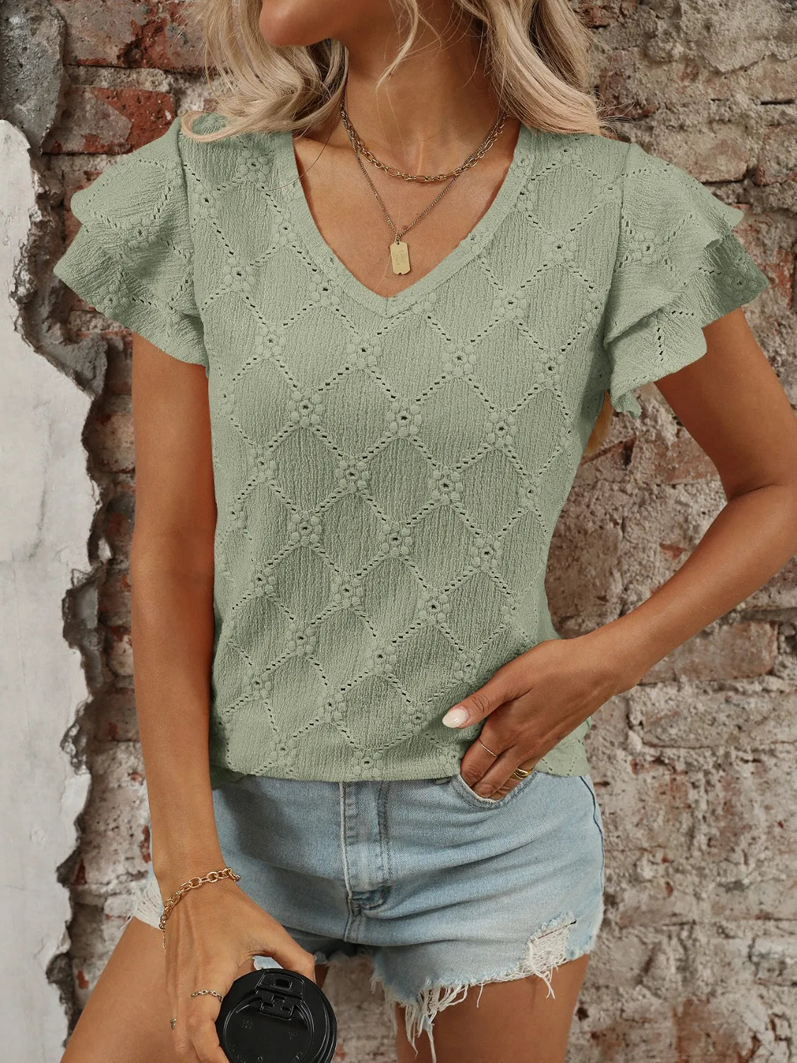 Eyelet V-Neck Ruffled Cap Sleeve Top