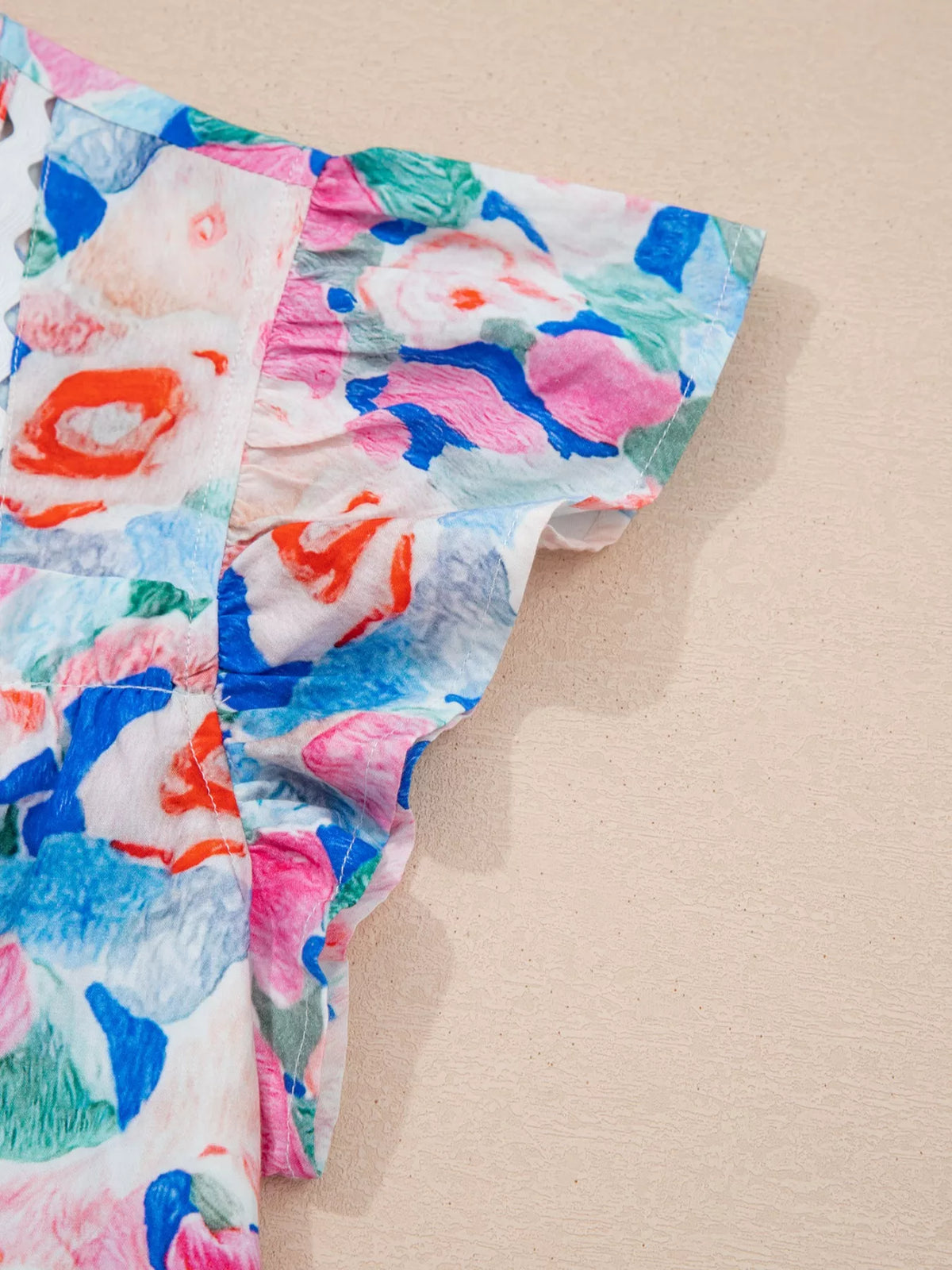 Floral Print Tie V Neck Contrast Detail Ruffle Short Sleeve Blouse