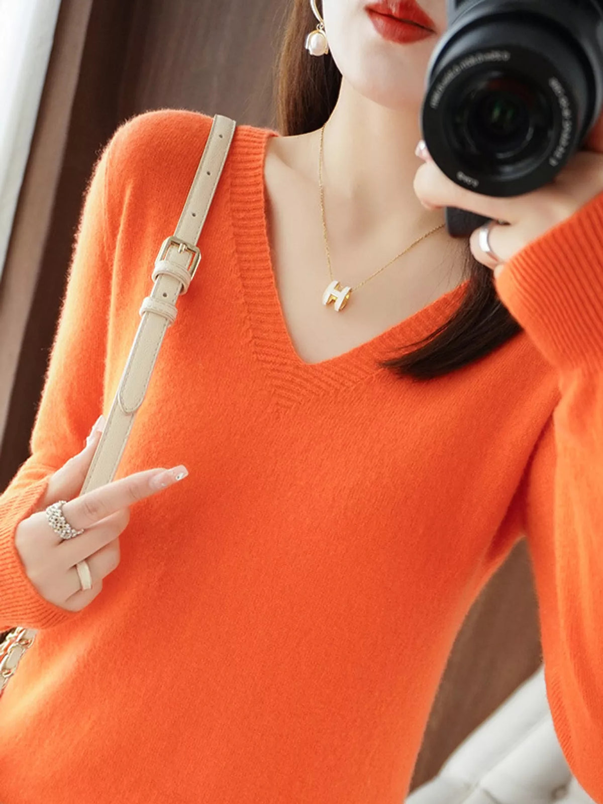 V-Neck Solid Color Sweater