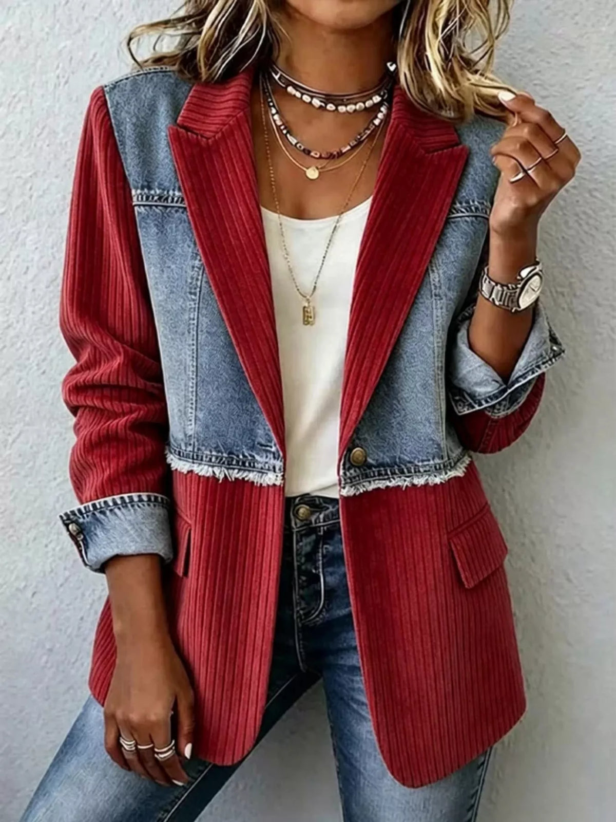 Full Size Patchwork Denim Ribbed Blazer Plus Size