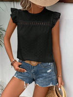 Eyelet Round Neck Cap Sleeve Top