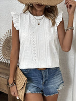 Eyelet Round Neck Cap Sleeve Blouse