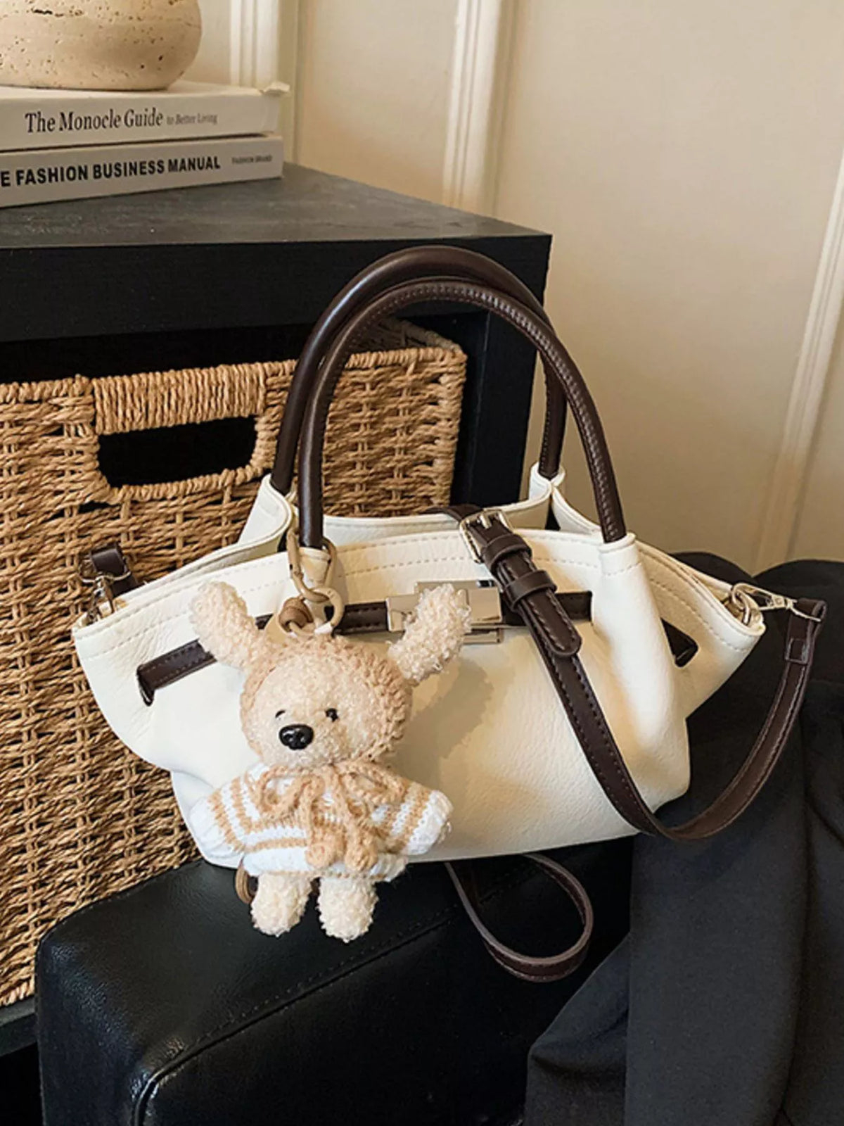 Buckle Decor Crossbody Bag with Bear Charm