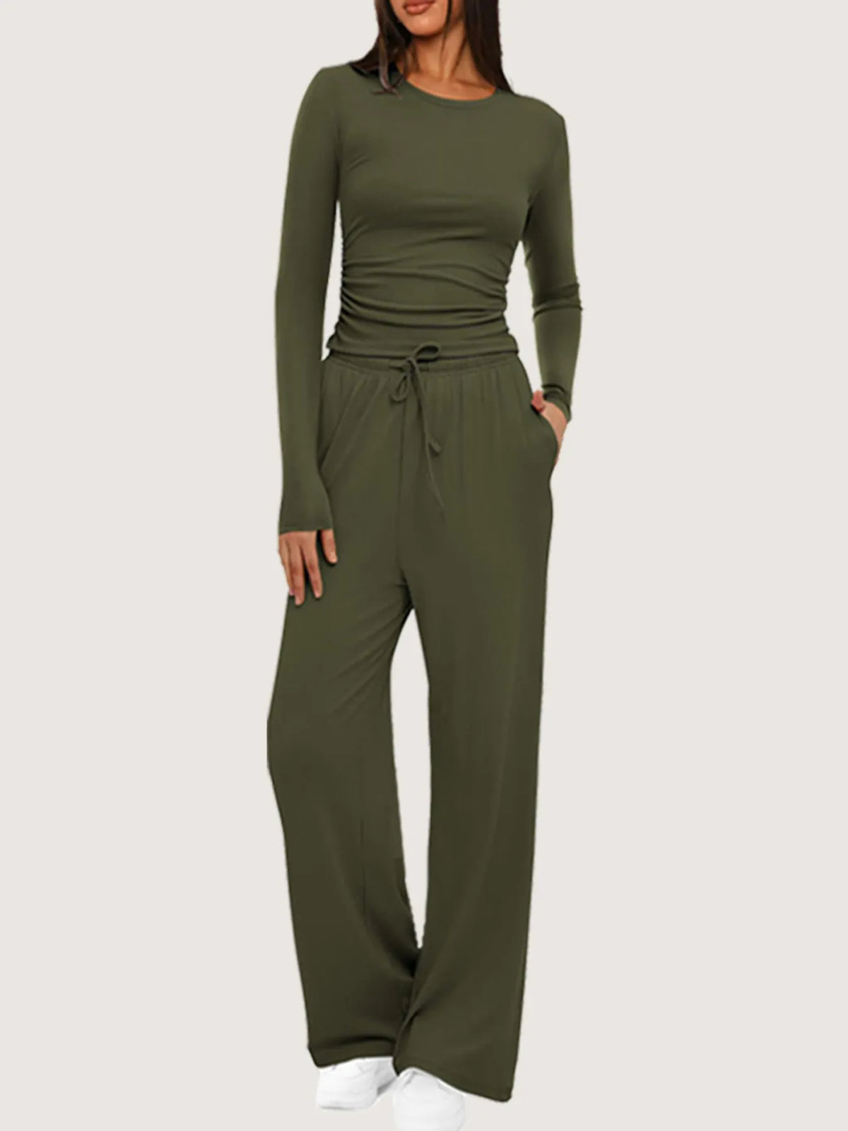 Round Neck Long Sleeve Top and Pants Set