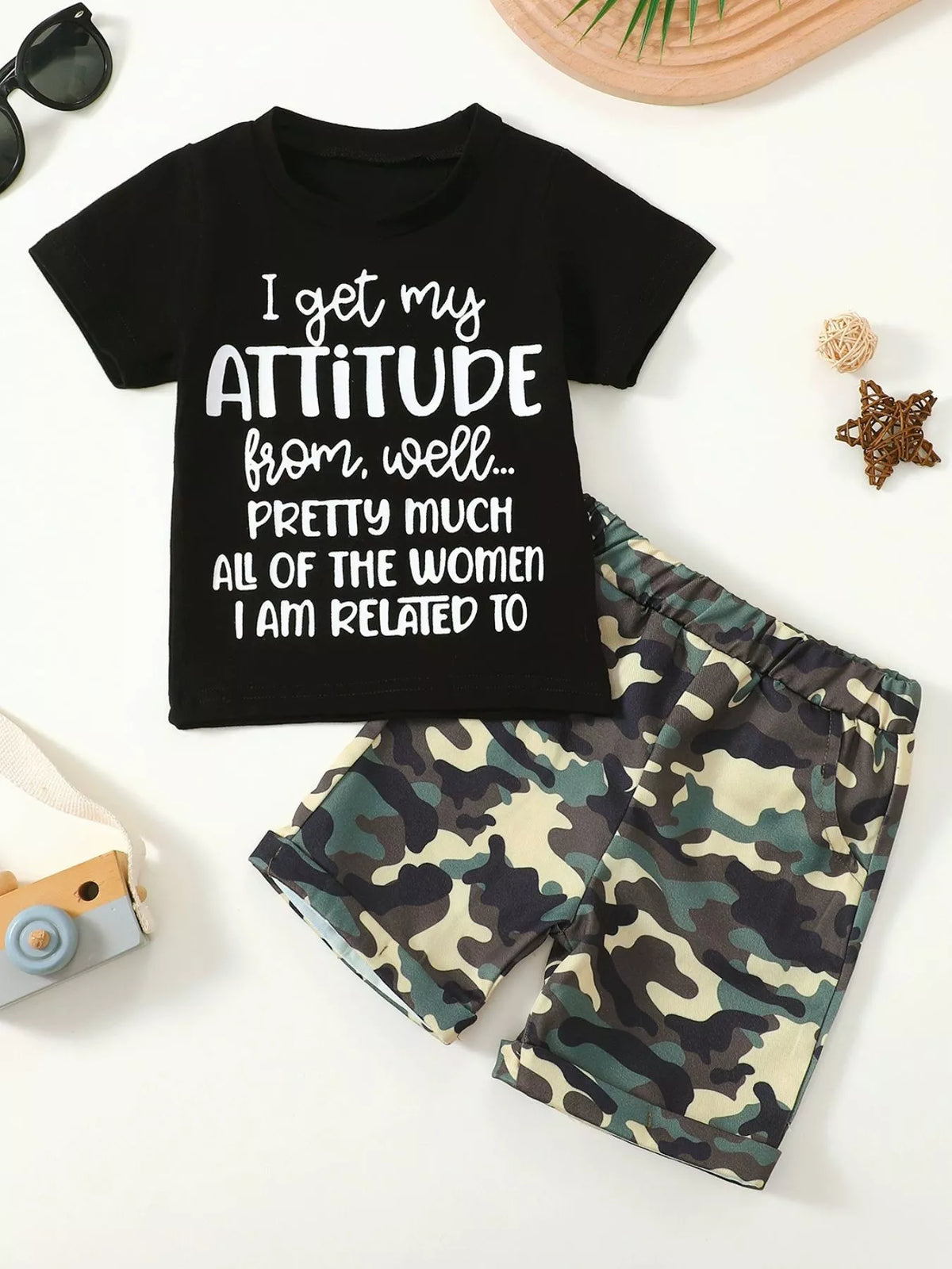 Children's Letter Graphic Tee and Camouflage Shorts Set