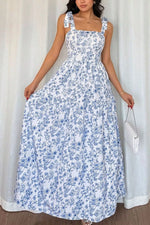 Floral Print Knot Straps High Waist Flared Maxi Dress