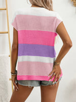 Striped Notched Short Sleeve Sweater