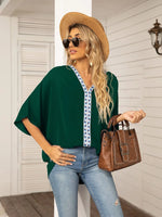 Printed Trim V-Neck Batwing Sleeve Blouse