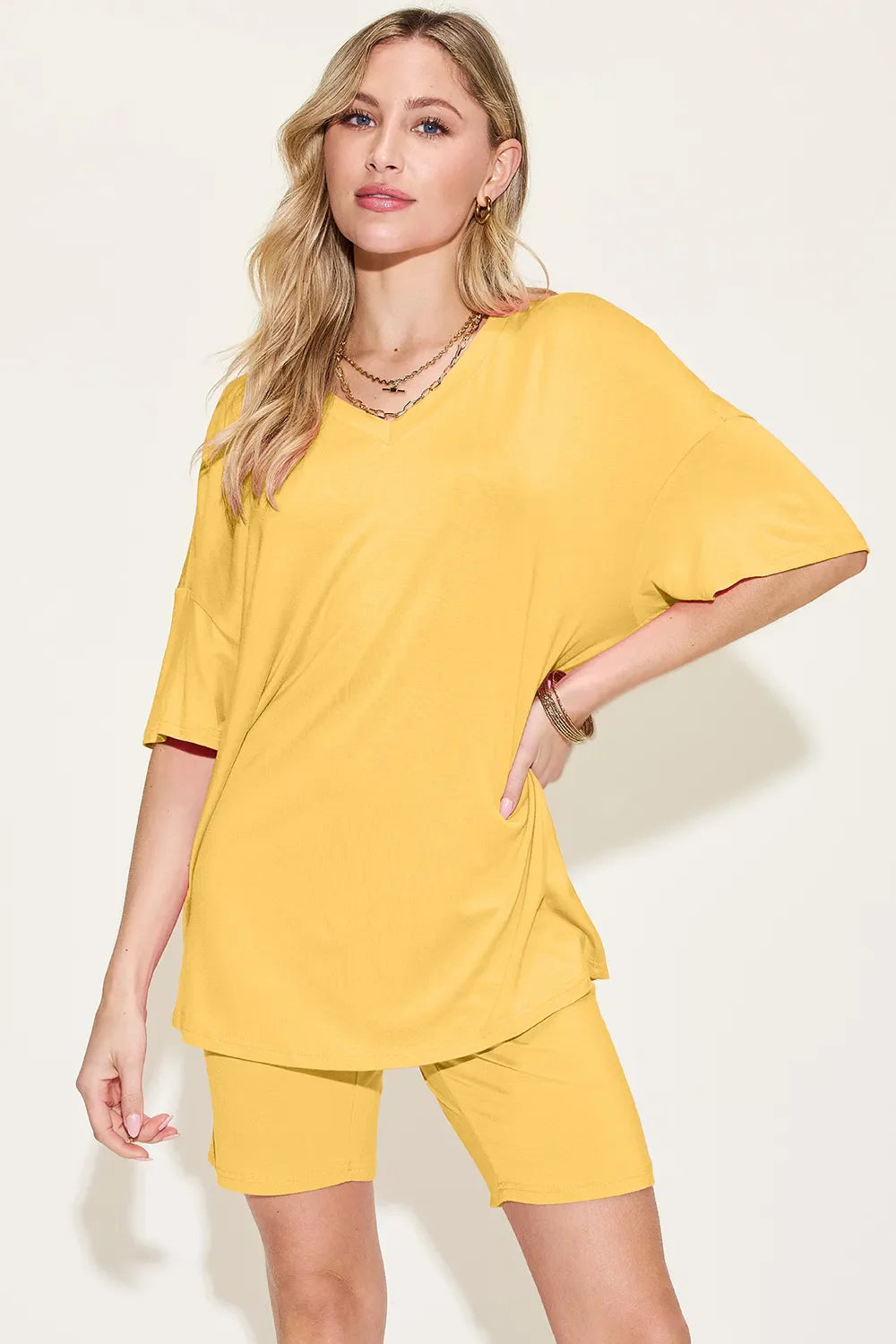Basic Bae Bamboo Full SizeV-Neck Drop Shoulder T-Shirt and Shorts Set