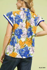 Umgee Floral Print Blouse with Contrast Trim