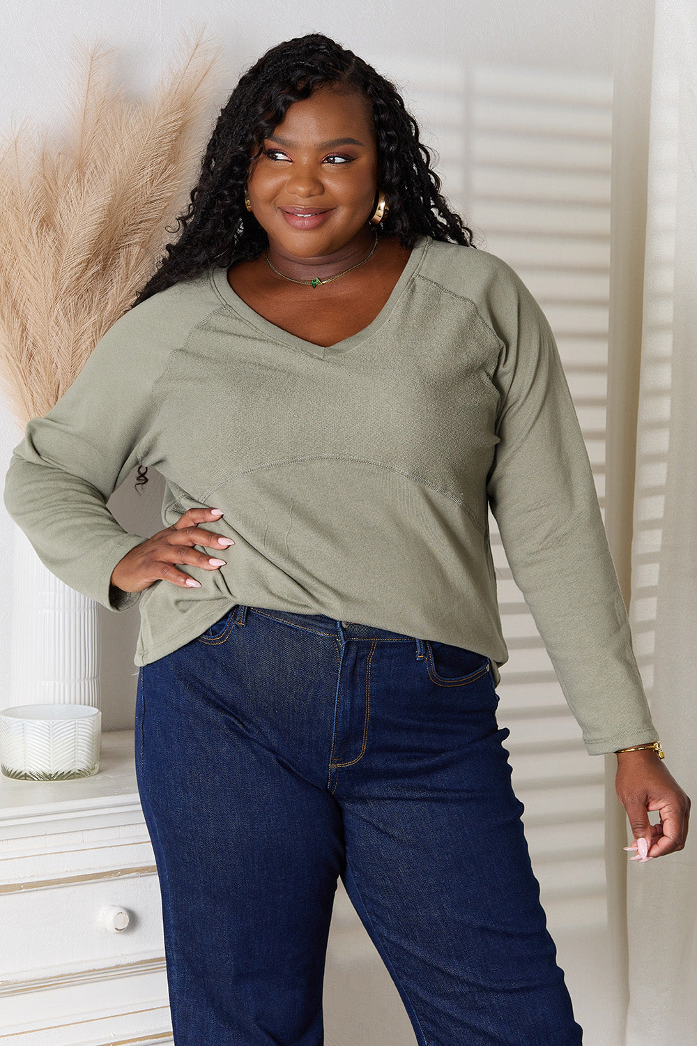 Culture CodeFull Size V-Neck Long Sleeve T-Shirt