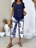 Layered Top and Leaf Print Cropped Pants Set