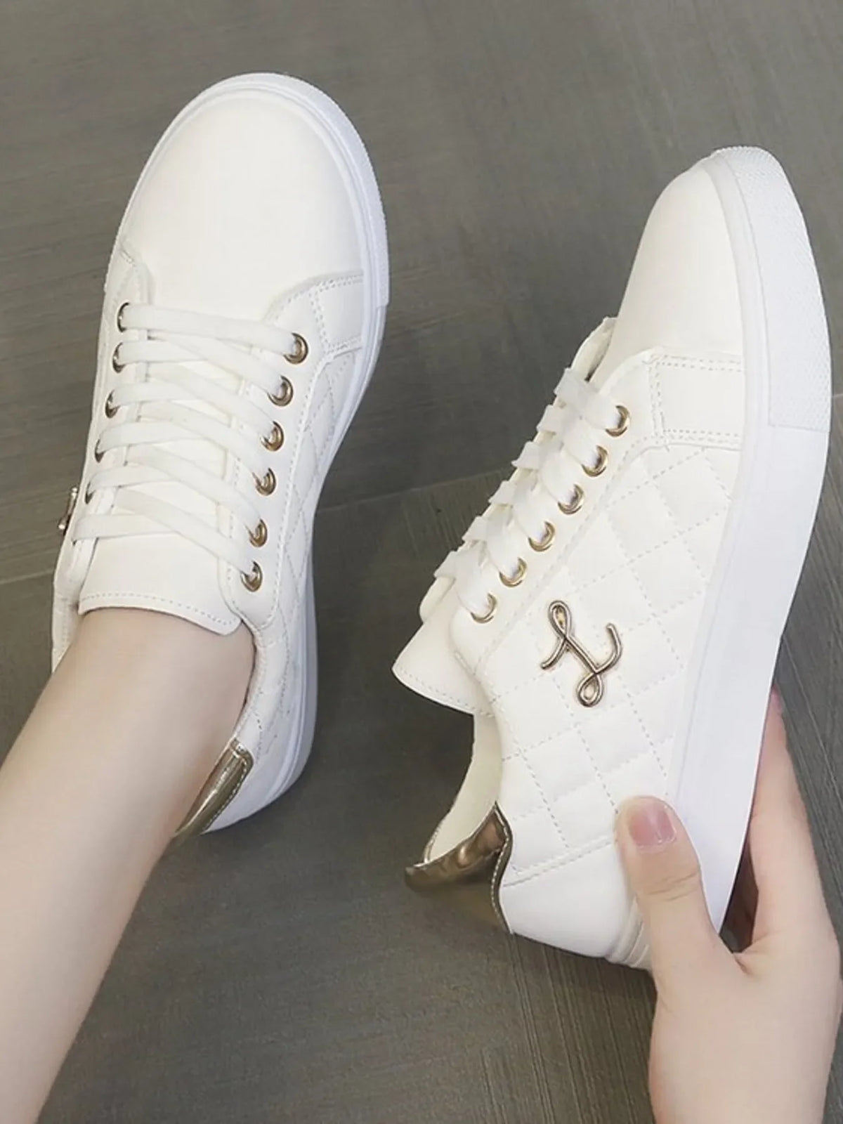 Quilted Platform Sneakers with Metallic Gold Accents